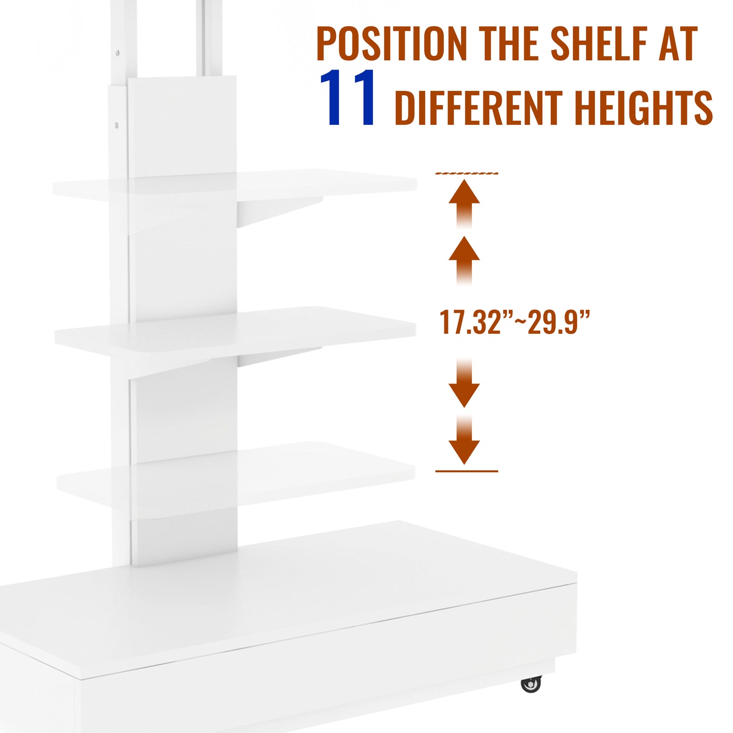TV stand with push-pull drawer for Living Room, Bedroom,Offices,Adjustable Height Mobile TV Cart for 32-75 inches,tv stand with wheels,White image 7