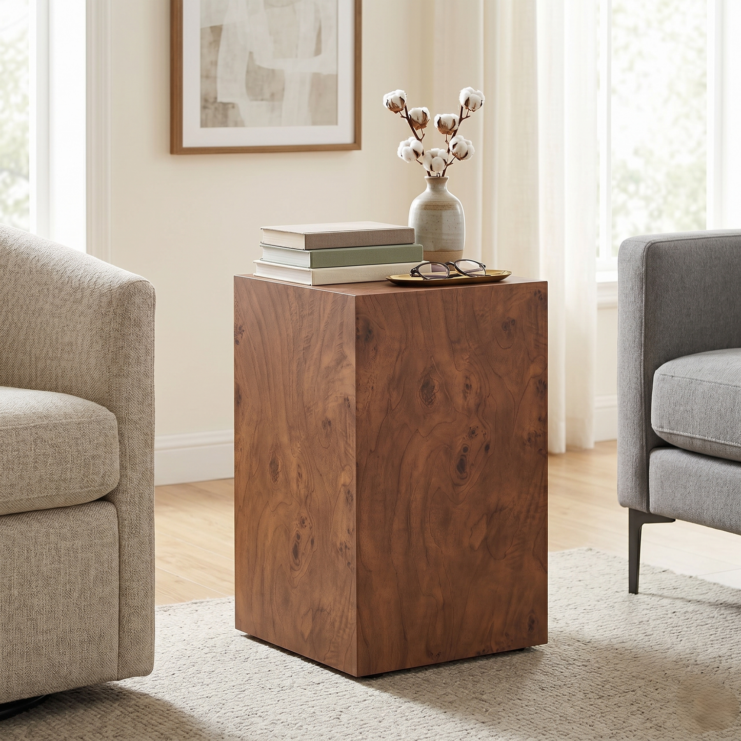 Premium Burl Walnut Veneer MDF Cube Table, Height Adjustable Multi-purpose Coffee Side End Table for Living Room, 11.8"×11.8"×19.7", No Extra Items Included image 1