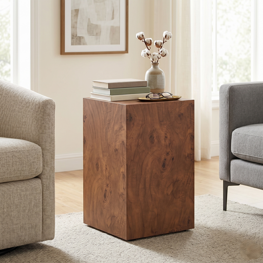 Premium Burl Walnut Veneer MDF Cube Table, Height Adjustable Multi-purpose Coffee Side End Table for Living Room, 11.8"×11.8"×19.7", No Extra Items Included image 1