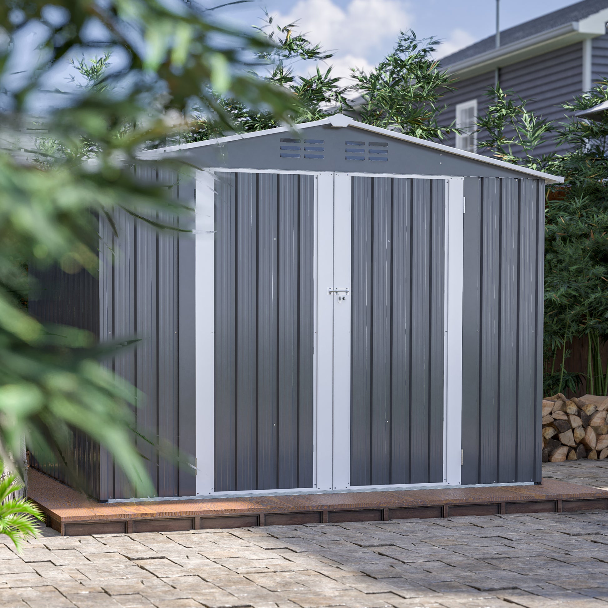 8 x 6 FT Outdoor Waterproof Garden Tool Storage Sheds with Metal Foundation with Floor Frame, Tool Shed with Lockable Hinged Doors & Air Vents, Storage House Waterproof for Backyard, Lawn, Gray image 9