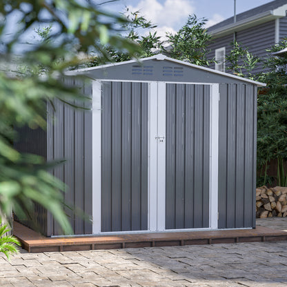 8 x 6 FT Outdoor Waterproof Garden Tool Storage Sheds with Metal Foundation with Floor Frame, Tool Shed with Lockable Hinged Doors & Air Vents, Storage House Waterproof for Backyard, Lawn, Gray image 9