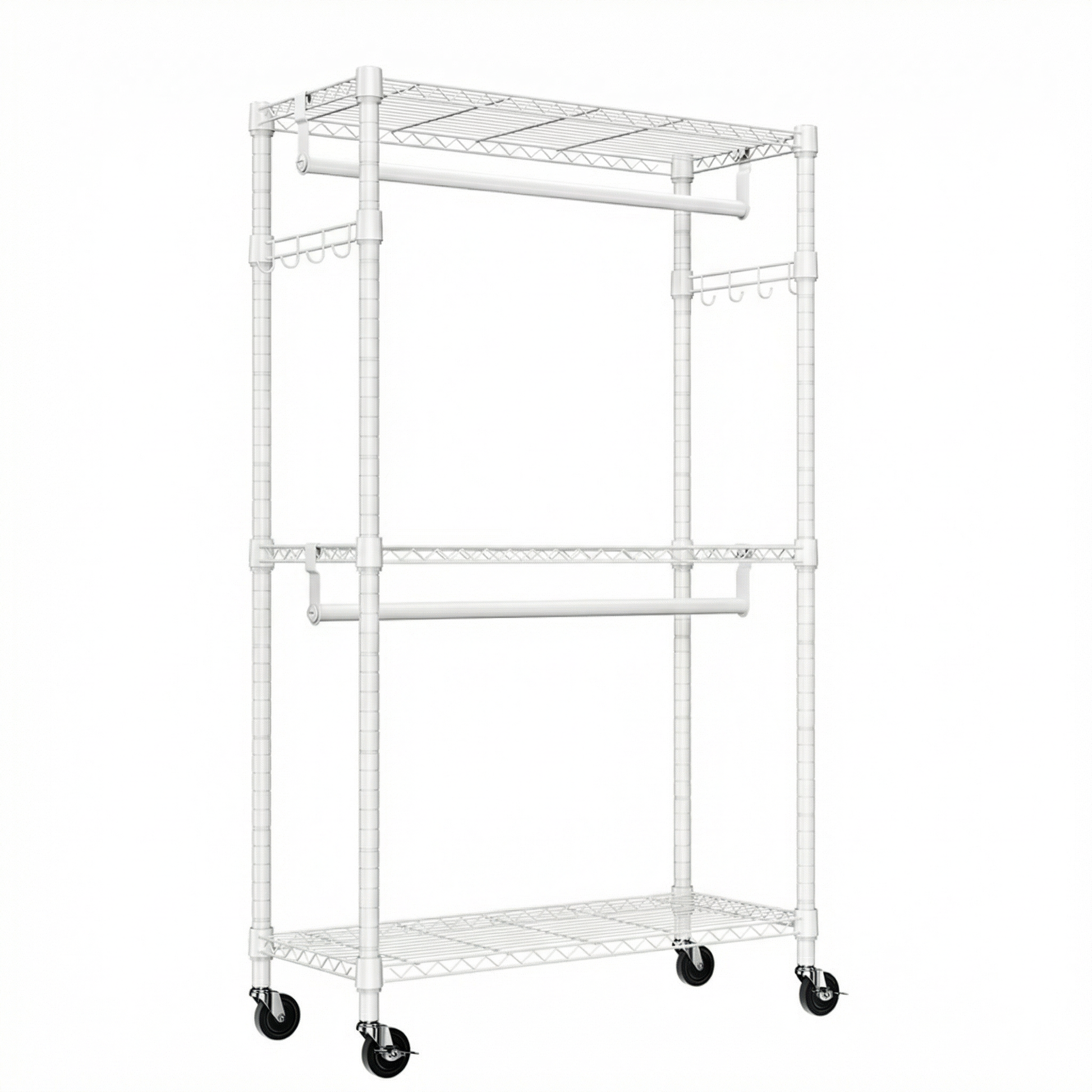 Heavy Duty Rolling Garment Rack 3 Tiers Adjustable Wire Shelving Clothes Rack with 2 Rods and Side Hooks,Storage Closet Clothing Rack with Wheels White 15.7" D x 29.5" W x 74.5" H image 8