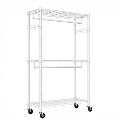 Heavy Duty Rolling Garment Rack 3 Tiers Adjustable Wire Shelving Clothes Rack with 2 Rods and Side Hooks,Storage Closet Clothing Rack with Wheels White 15.7" D x 29.5" W x 74.5" H image 8
