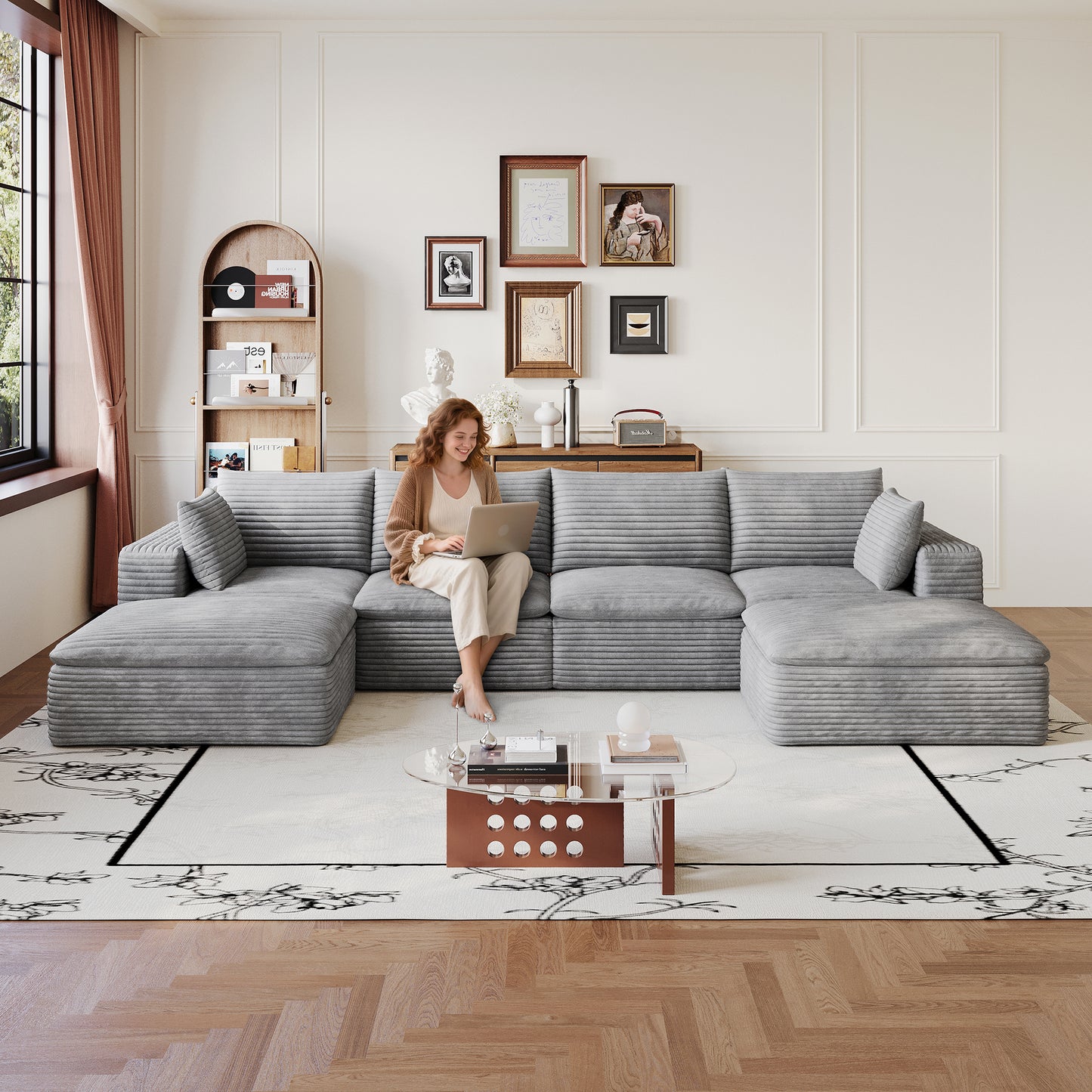 134" Cloud Sofa,Corduroy Fabric,Deep Seat Couches,Double-layer design,Removable Cushion,No Assembly, DIY Combination for Living room, Bedroom,Conference room,Apartment,Grey image 2