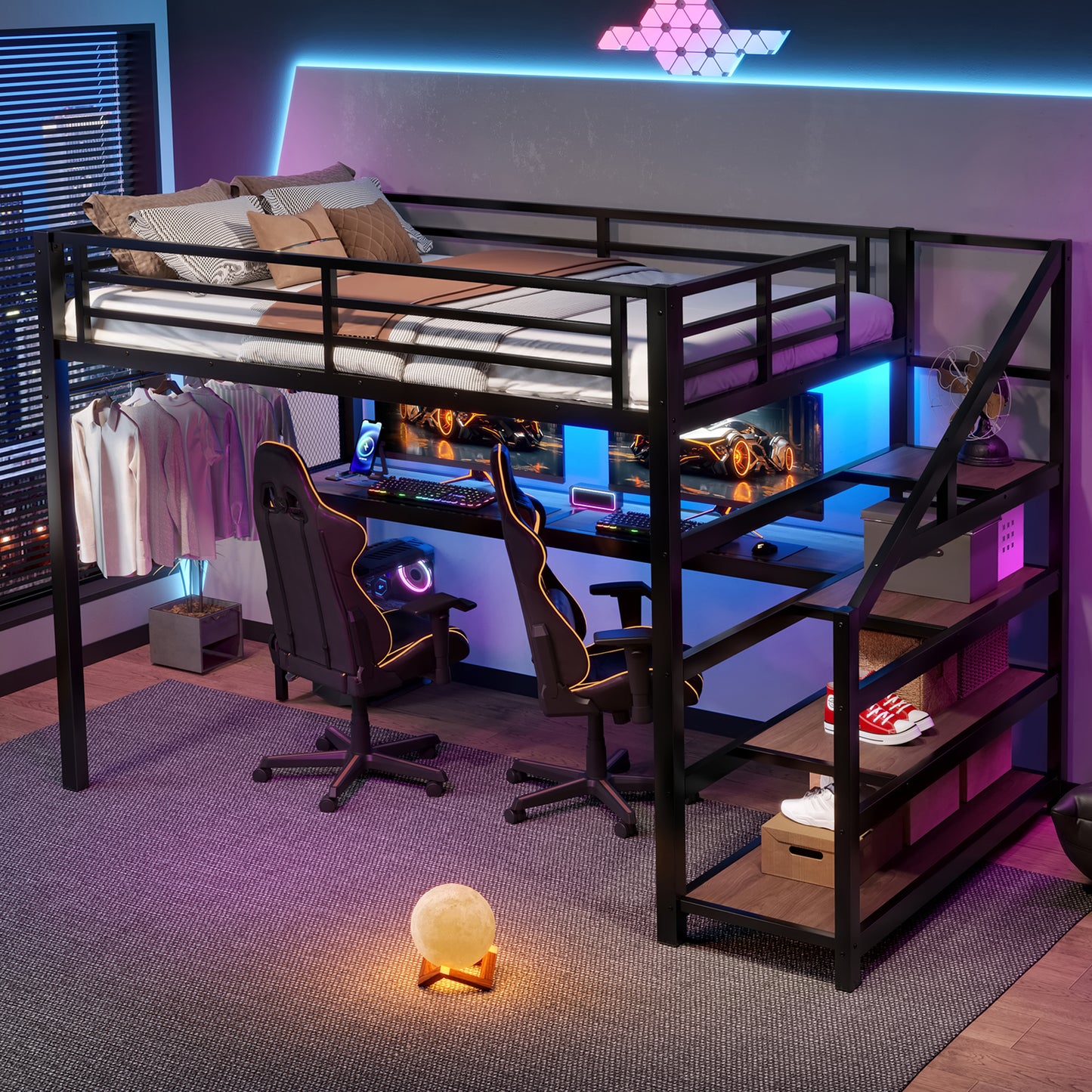 Full Loft Bed with Desk and Storage Stairs, Metal Loft Beds with LED Lights, USB Ports, Multifunctional Iron Nets, No Spring Box Needed and Noise-free, Black image 3