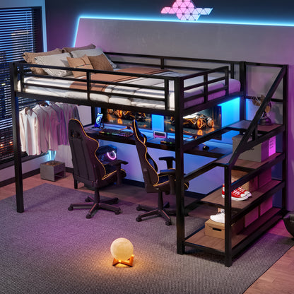 Full Loft Bed with Desk and Storage Stairs, Metal Loft Beds with LED Lights, USB Ports, Multifunctional Iron Nets, No Spring Box Needed and Noise-free, Black image 3