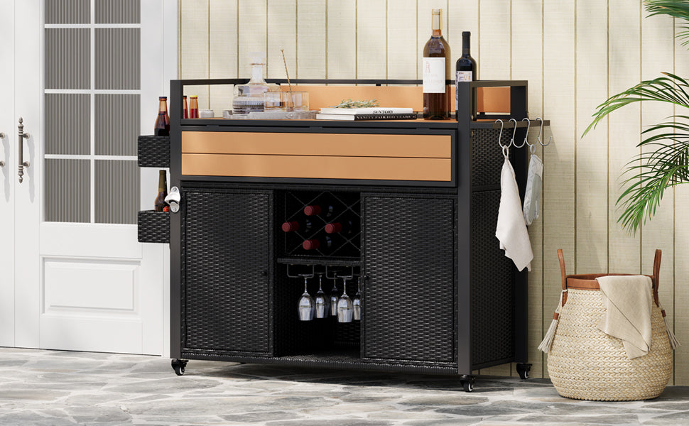 K&K 52.8"W Wicker Outdoor Grill Cart with Extended Plastic Wood Table Top, Rolling Kitchen Island on Wheels with Storage Cabinet, for Patio Backyard Garden Poolside, Double Handle Design, Black Brown image 10