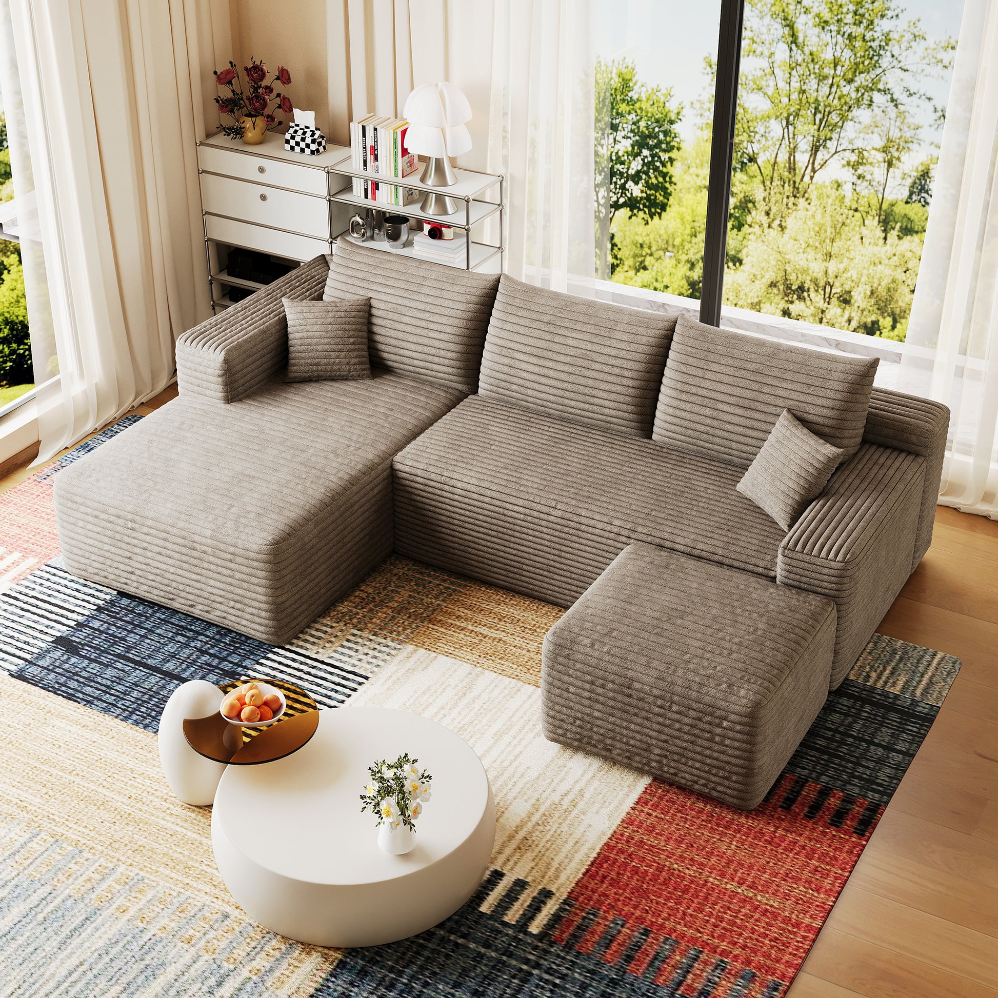 95" Cloud Sectional Sofa with 1 Ottoman,Modern Minimalist Upholstered Couches, Comfort U Shaped Sofa for Living Room,Deep Seat Corner Couch,No Assembly Required,Camel((Plush Corduroy Fabric) image 7
