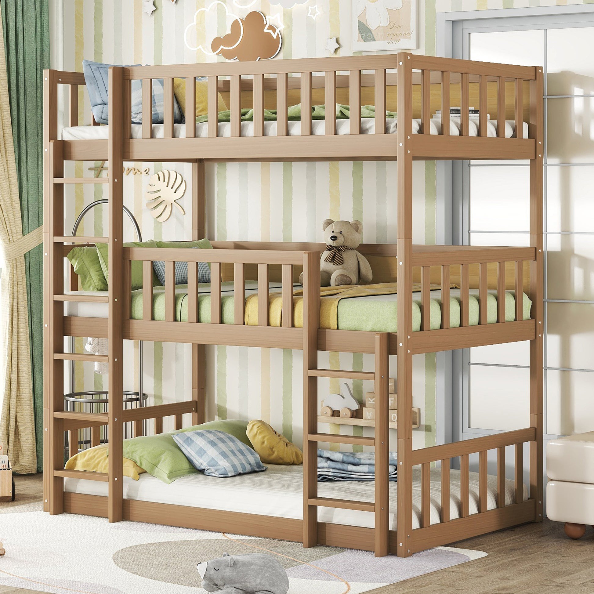 Twin Size Triple Rubber Wood Bunk Bed, with Ladders, Guardrails Detachable Bunk Bed, Twin over Twin over Twin,Natural image 6