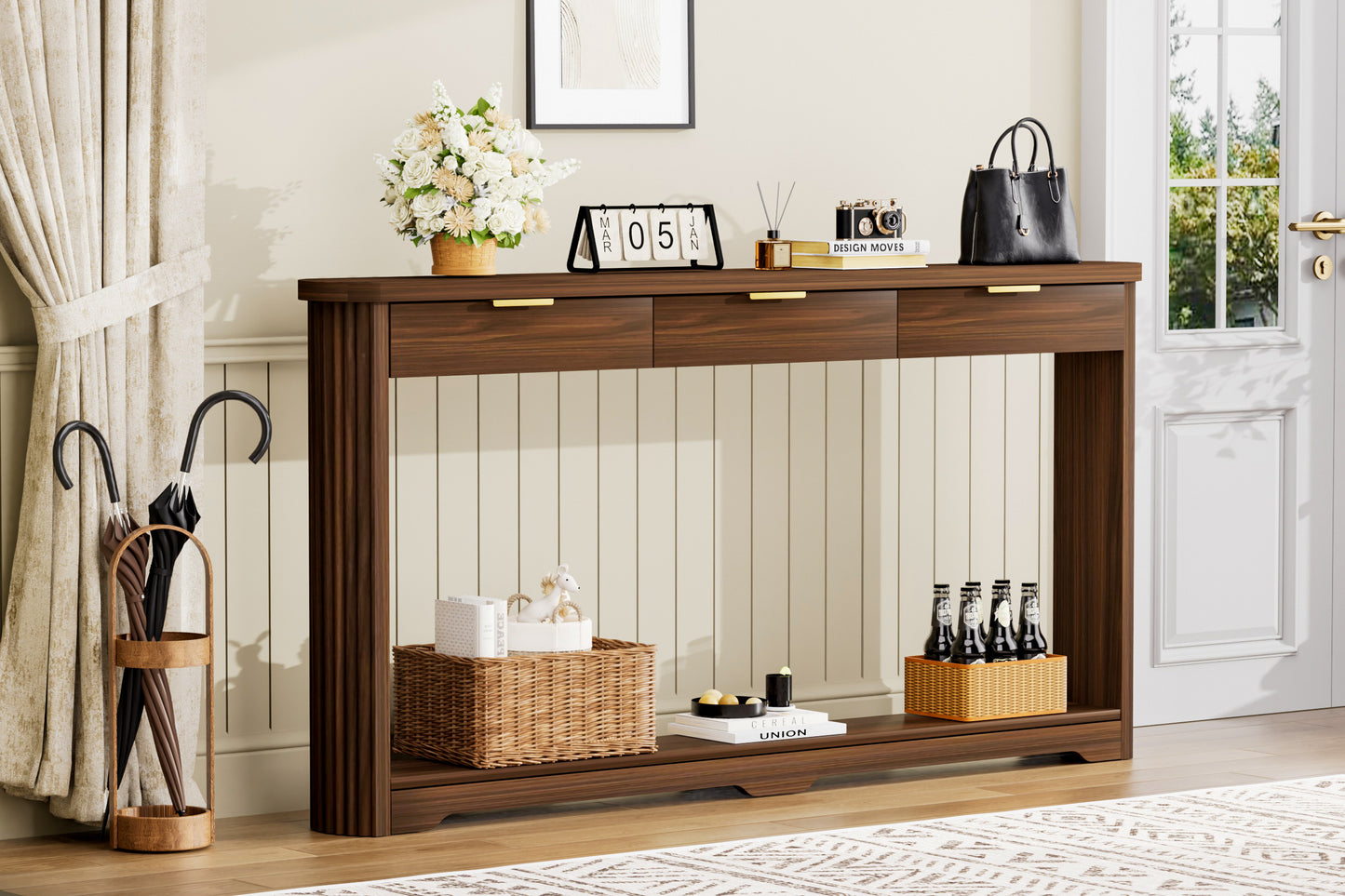 70.1" Wavy-Patterned Storage Table with Drawers; a slim wooden side table that can be placed behind a sofa, ideal for entryways, hallways, and doorways.Walnut.70.1"L*8.7"W*35.5"H image 6