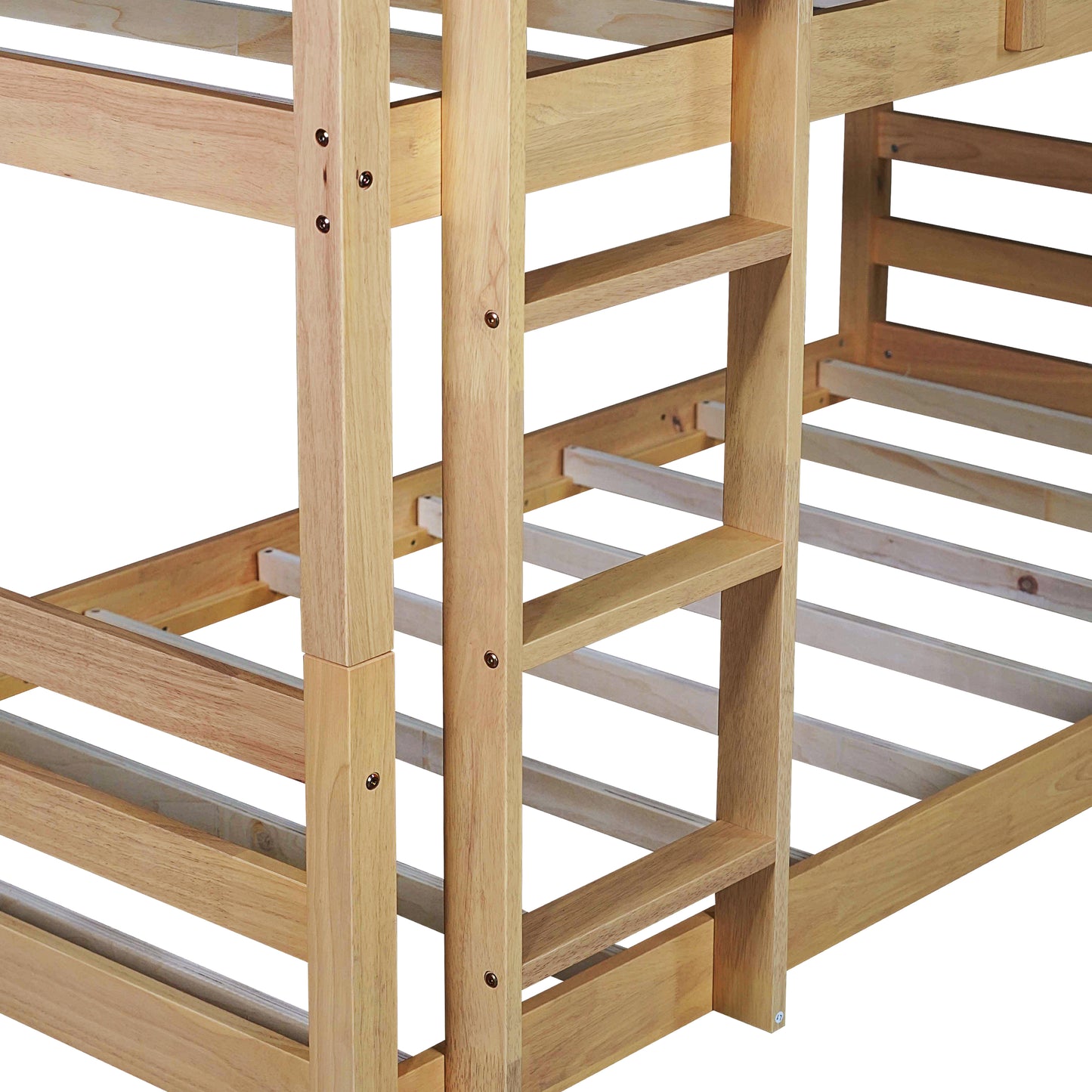 Triple Rubber Wood Bunk Bed with Two Built-in Ladders, Guardrails, Twin over Twin over Twin, Detachable Triple Twin Bunk Bed,Natural image 5