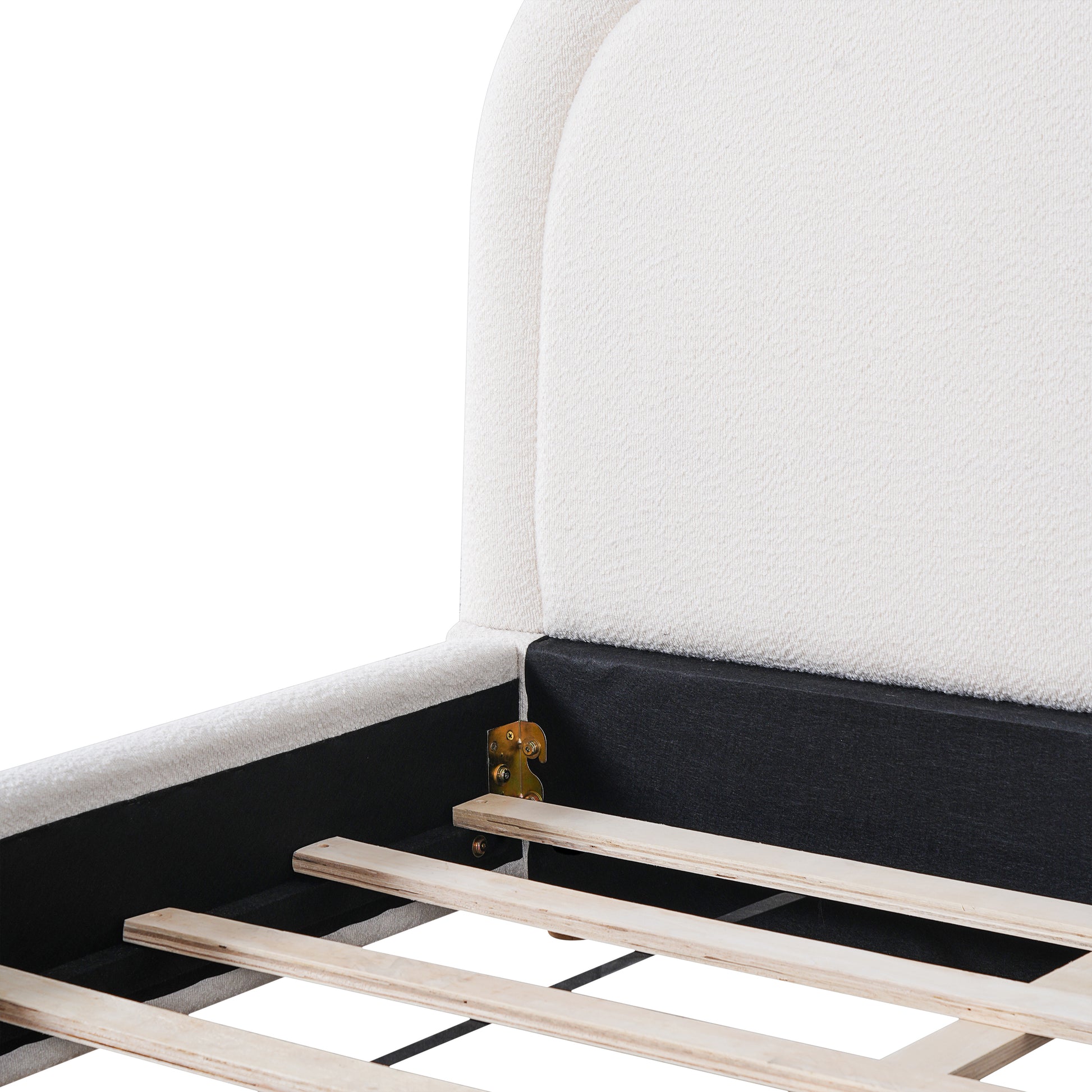 King Size Bed Frame With Boucle Upholstered Thick Curved Headboard, Solid Wood Legs, White image 9