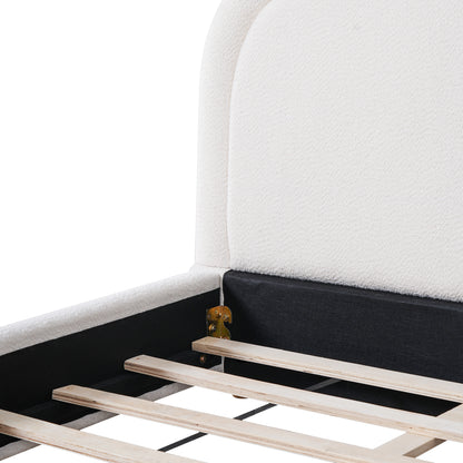 King Size Bed Frame With Boucle Upholstered Thick Curved Headboard, Solid Wood Legs, White image 9