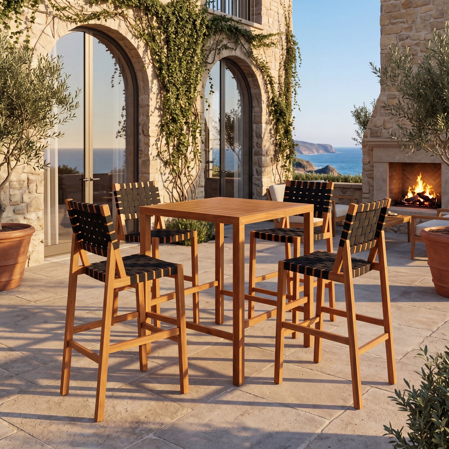 30.5 Inch Seat Height Outdoor Acacia Solid Wood Patio Furniture Set, Black Pe Woven Rope, Breathable and Comfortable,Indoor & Outdoor Use,Teak Finish+Black Rope(set of 5) image 1
