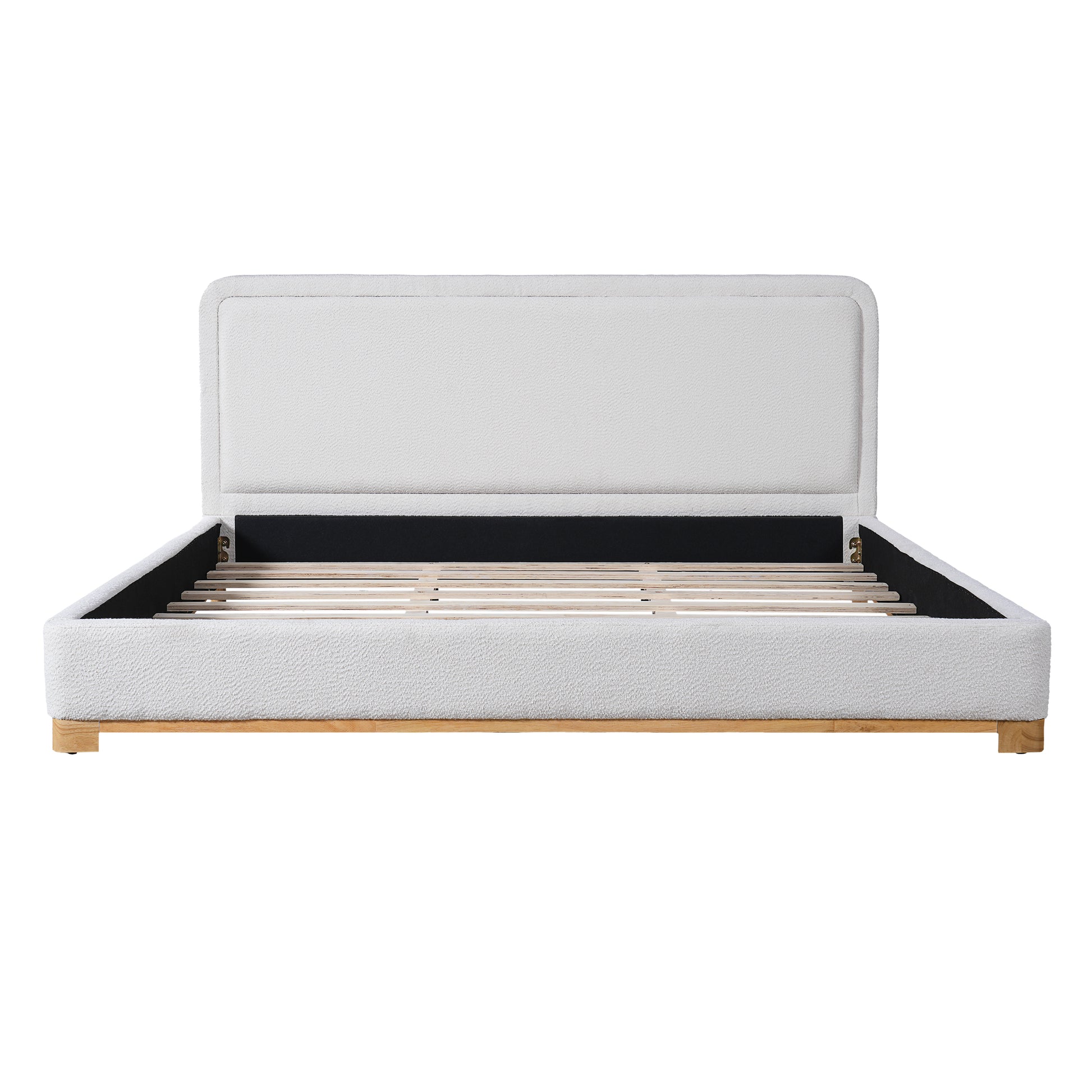 California King Size Bed Frame With Boucle Upholstered Curved Headboard, Solid Wood Base And Legs, White image 7