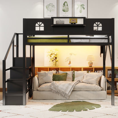 Full Size Loft Bed with Stairs, Metal Full Loft Bed with High and House Shaped Guardrails, High Loft Bed with Wardrobe for Kids Teens, black(Old SKUW2593S00055) image 3