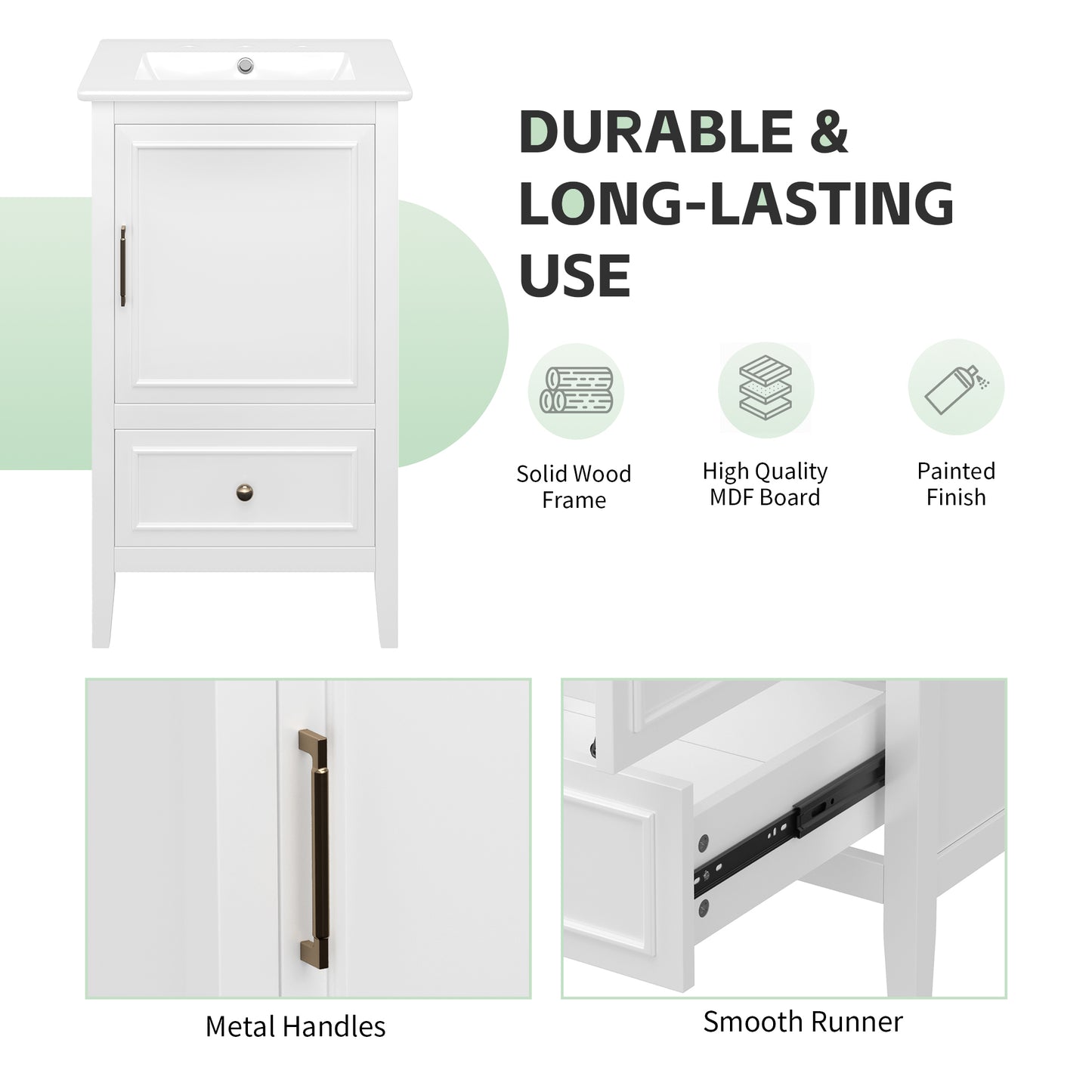20" Bathroom Vanity with Sink, Bathroom Cabinet with A Door, Door Shelf Storage and Adiustable Foot Pads, A Drawer, White(Old SKU:N725P192821K) image 5