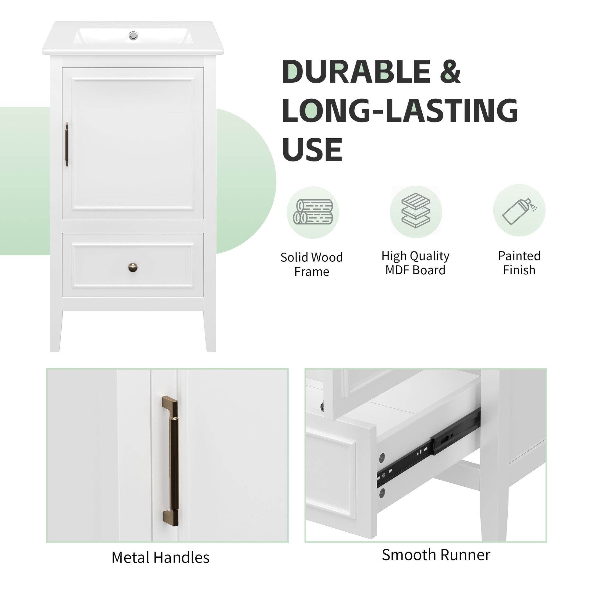 20" Bathroom Vanity with Sink, Bathroom Cabinet with A Door, Door Shelf Storage and Adiustable Foot Pads, A Drawer, White(Old SKU:N725P192821K) image 5