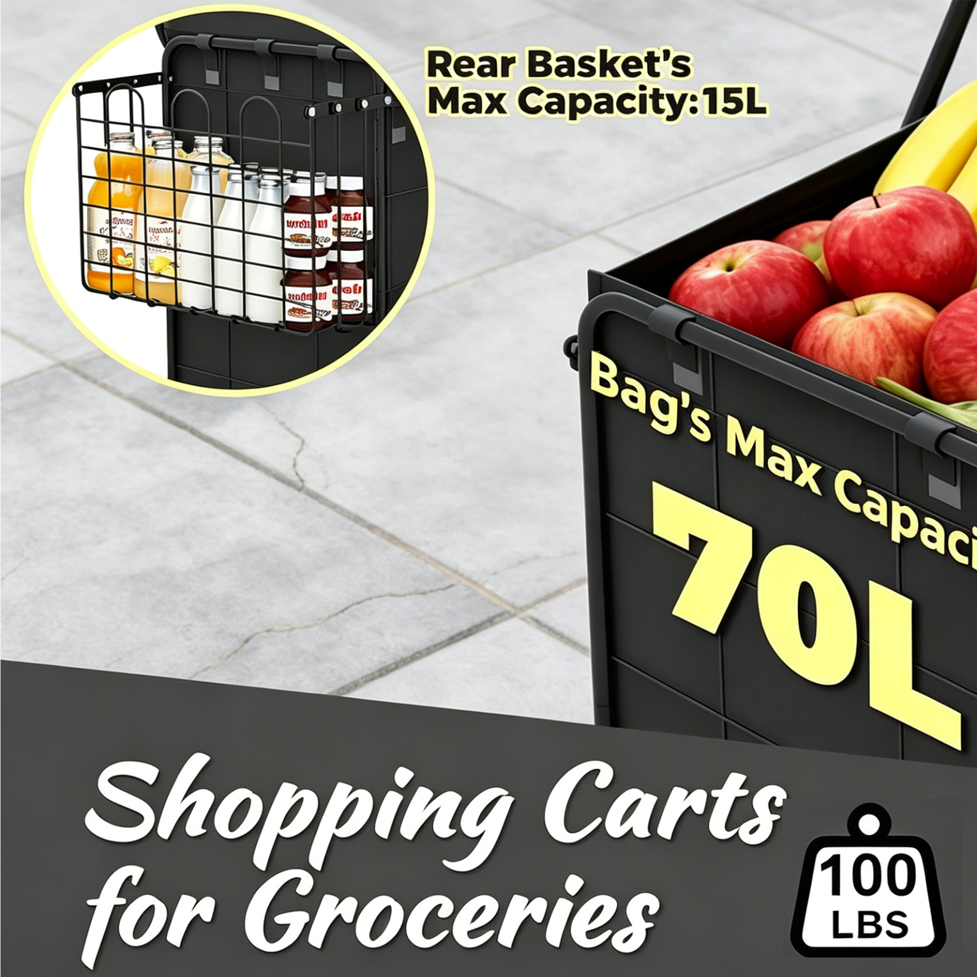 Shopping Cart Grocery Cart on Wheels - Waterproof Bag Included, 10-min Assembly Utility Wagon, Lightweight Shopping Cart with 360° Swivel Wheels for Grocery, Apartments, Laundry, Max Load 100 lbs image 2