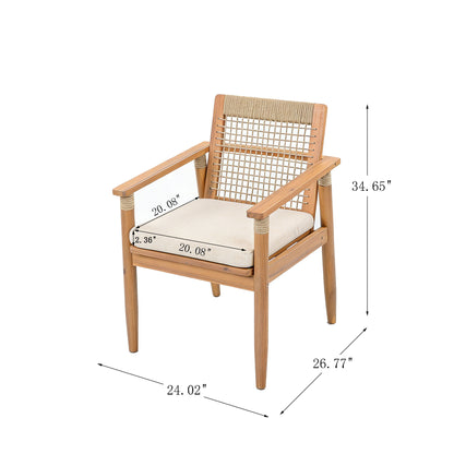 Outdoor Dining Chairs Set of 2, Acacia Wood Patio Armchair with Multi Brown Rope Design Back and Arms and Beige Washable Cushion,for Backyard, Poolside, Garden,Light teak image 9
