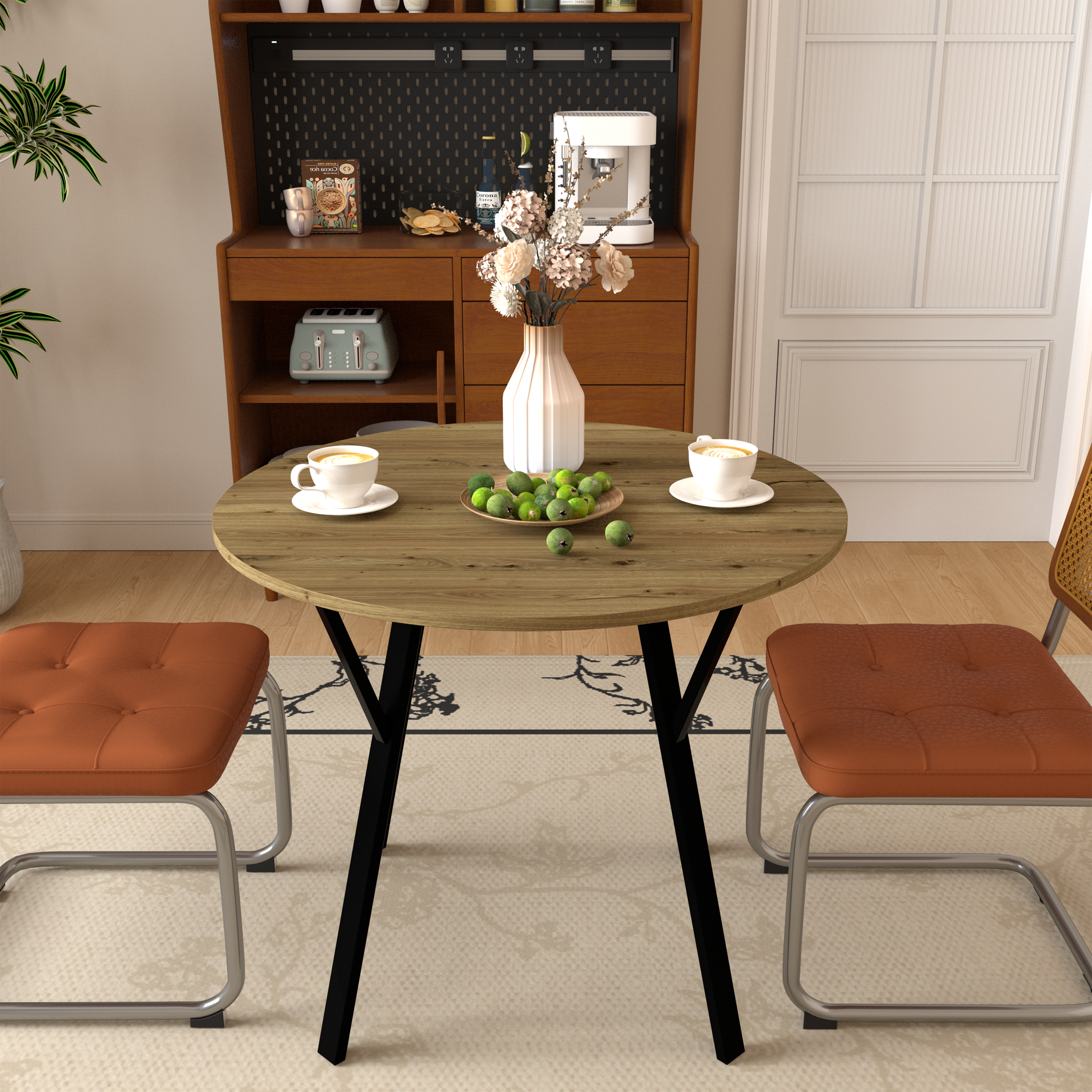 35.43 Inch Round Dining Table, Small Circle Kitchen Table with Metal Black Legs for 2-4 people,Modern Dining Room Table, Brown (only table) image 11