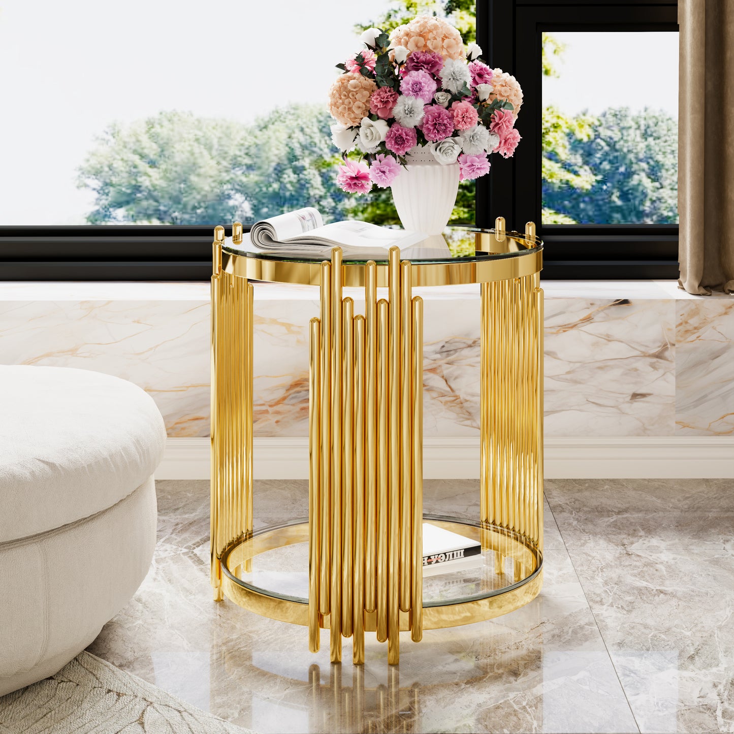 Modern Transparent Glass End Table for Living Room, Round, Asymmetrical Metal, Gold Finish & Lower Shelf, 19.8" image 1