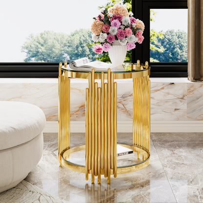Modern Transparent Glass End Table for Living Room, Round, Asymmetrical Metal, Gold Finish & Lower Shelf, 19.8" image 1