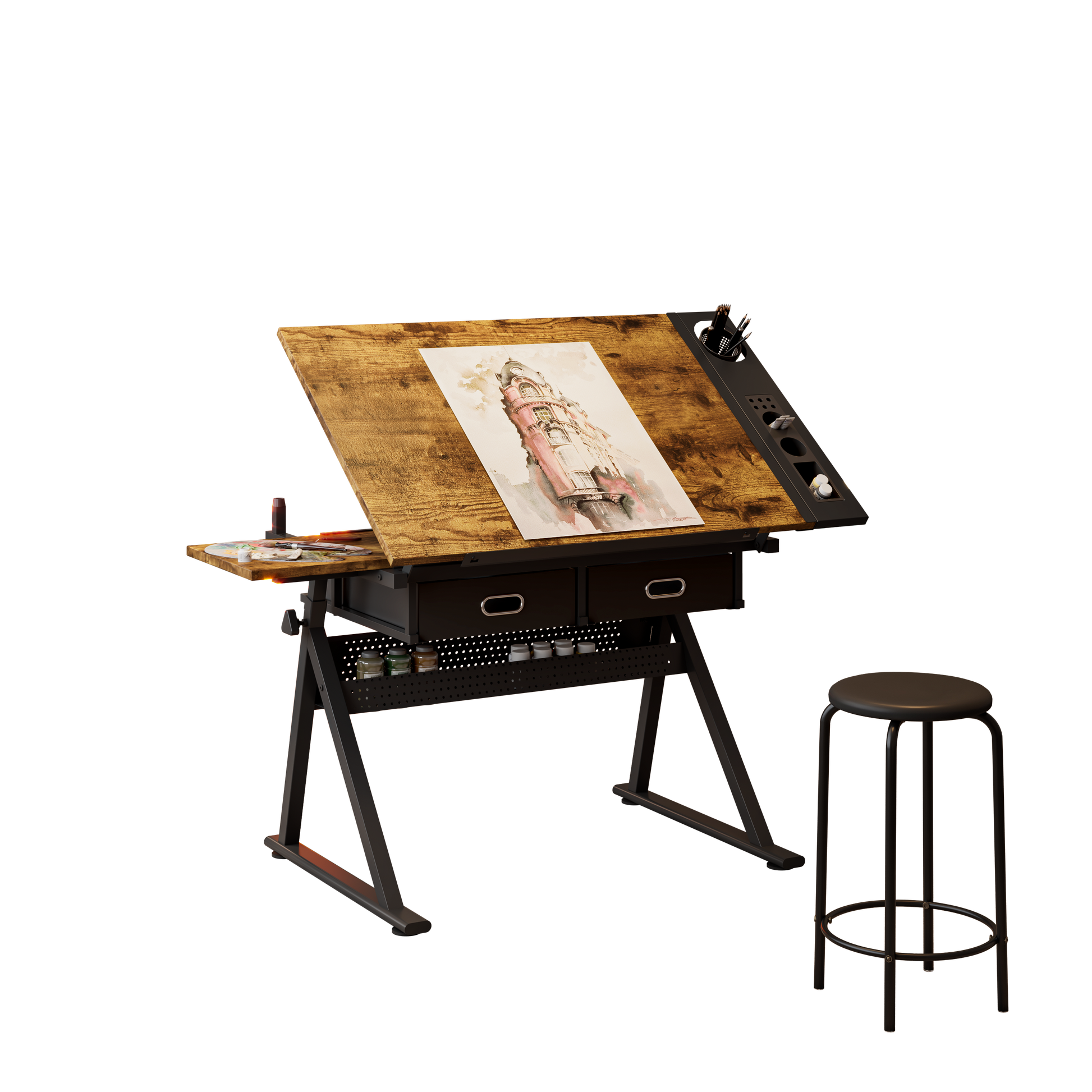 adjustable drawing drafting table desk with 2 drawers for home office and school with stool(brown) image 5