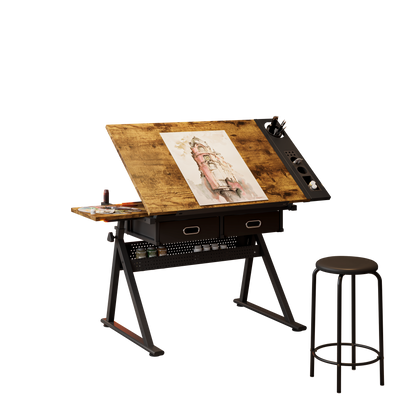 adjustable drawing drafting table desk with 2 drawers for home office and school with stool(brown) image 5