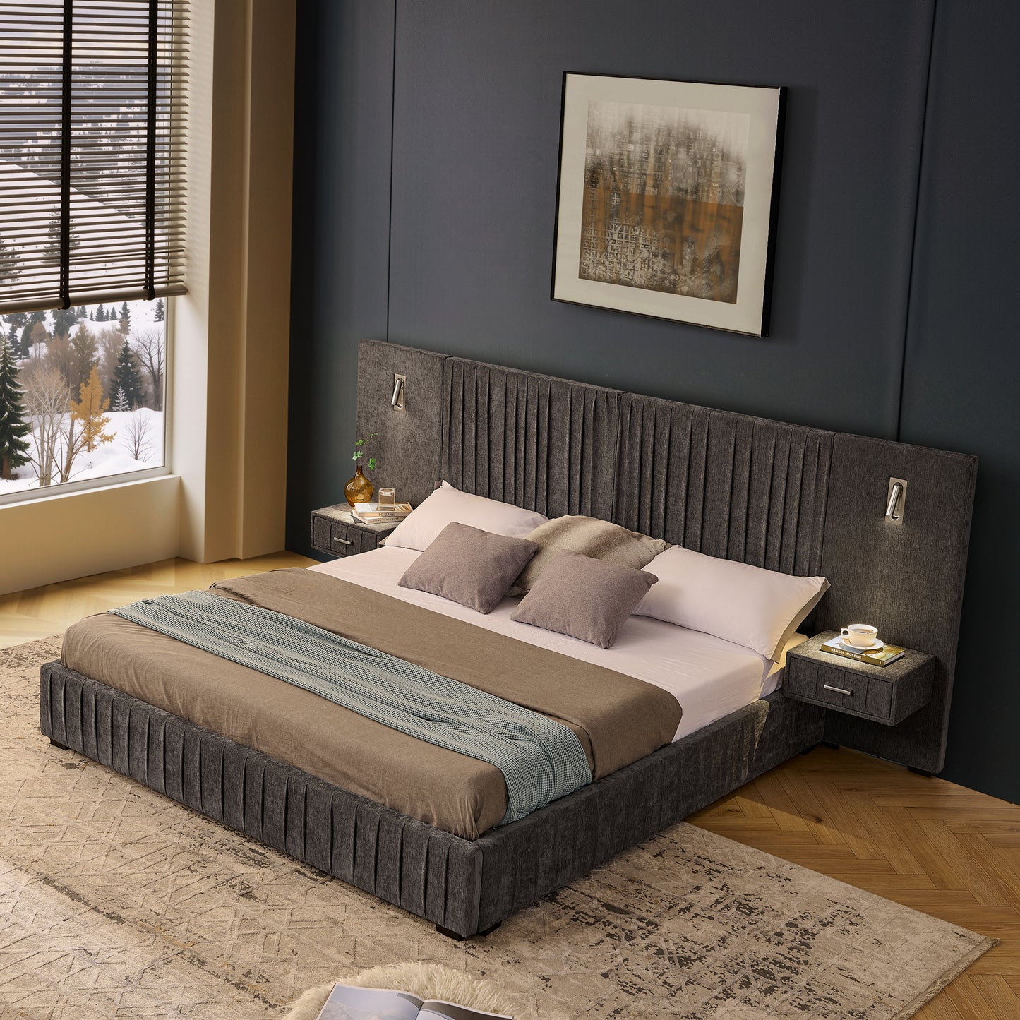 King Size Upholstered Bed Frame with Chenille fabric with pleated design,Grounded King Size Platform Bed with Headboard and Solid Frame and the bedside table.No Box Spring Needed-DARK GREY image 2