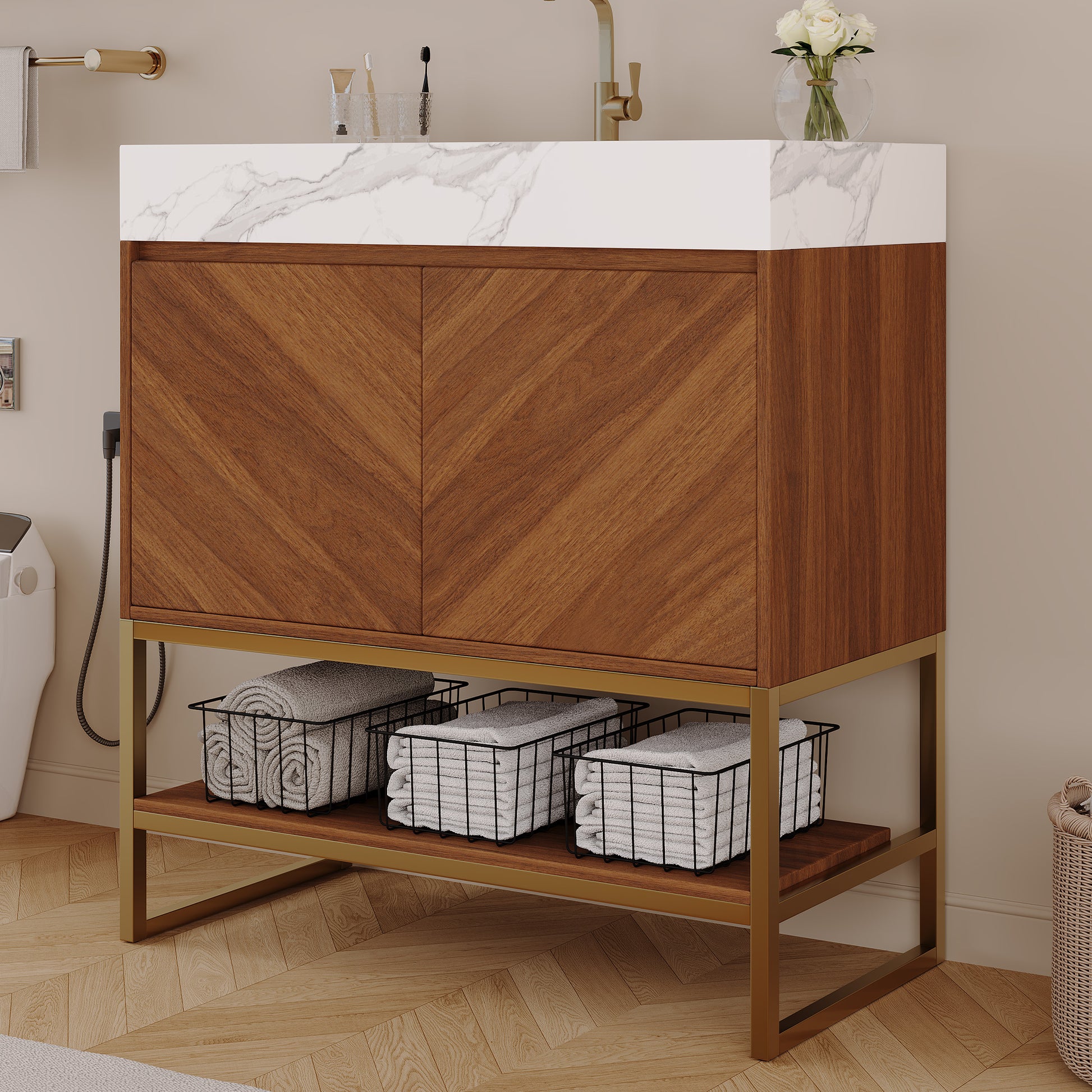 29.9" Modern Free-standing Bathroom Vanity with Ceramic Sink – Brown Oak, Soft-Close image 6