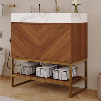 29.9" Modern Free-standing Bathroom Vanity with Ceramic Sink – Brown Oak, Soft-Close image 6