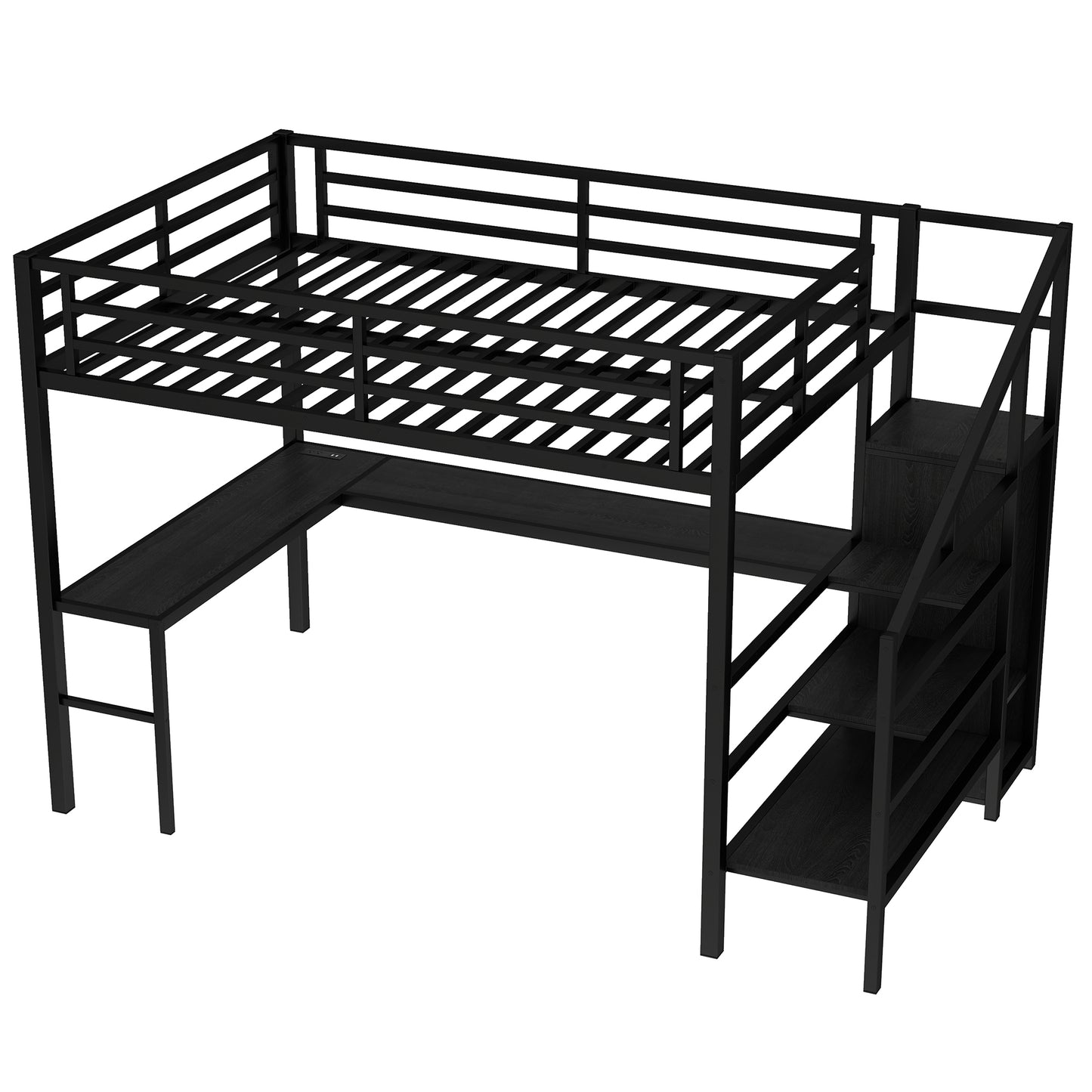 Queen Size Loft Bed with L-shaped Desk and USB, Metal Loft Bed with Wardrobe and Adjustable Shelf, High Loft Bed with LED for Kids Teens Adults, Black image 11