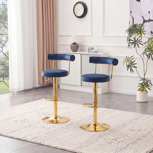 Soft Velvet Upholstered Swivel Adjustable Bar Chair with electroplated gold legs - Dining Room Living Room Bar Cafe Reception Desk Bar Stool(Dark Blue, Set of 2) image 1