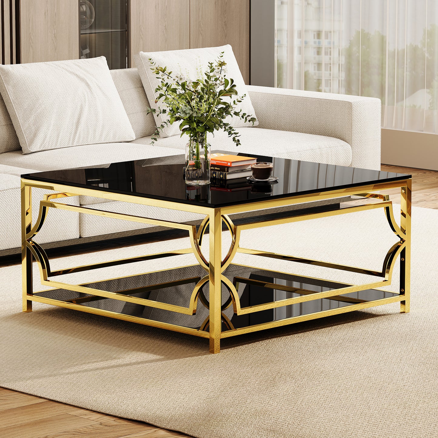 Square Glass Coffee Table in 33.5",Luxurious Geometric Metal Frame,Gold Finish & Lower Shelf image 4