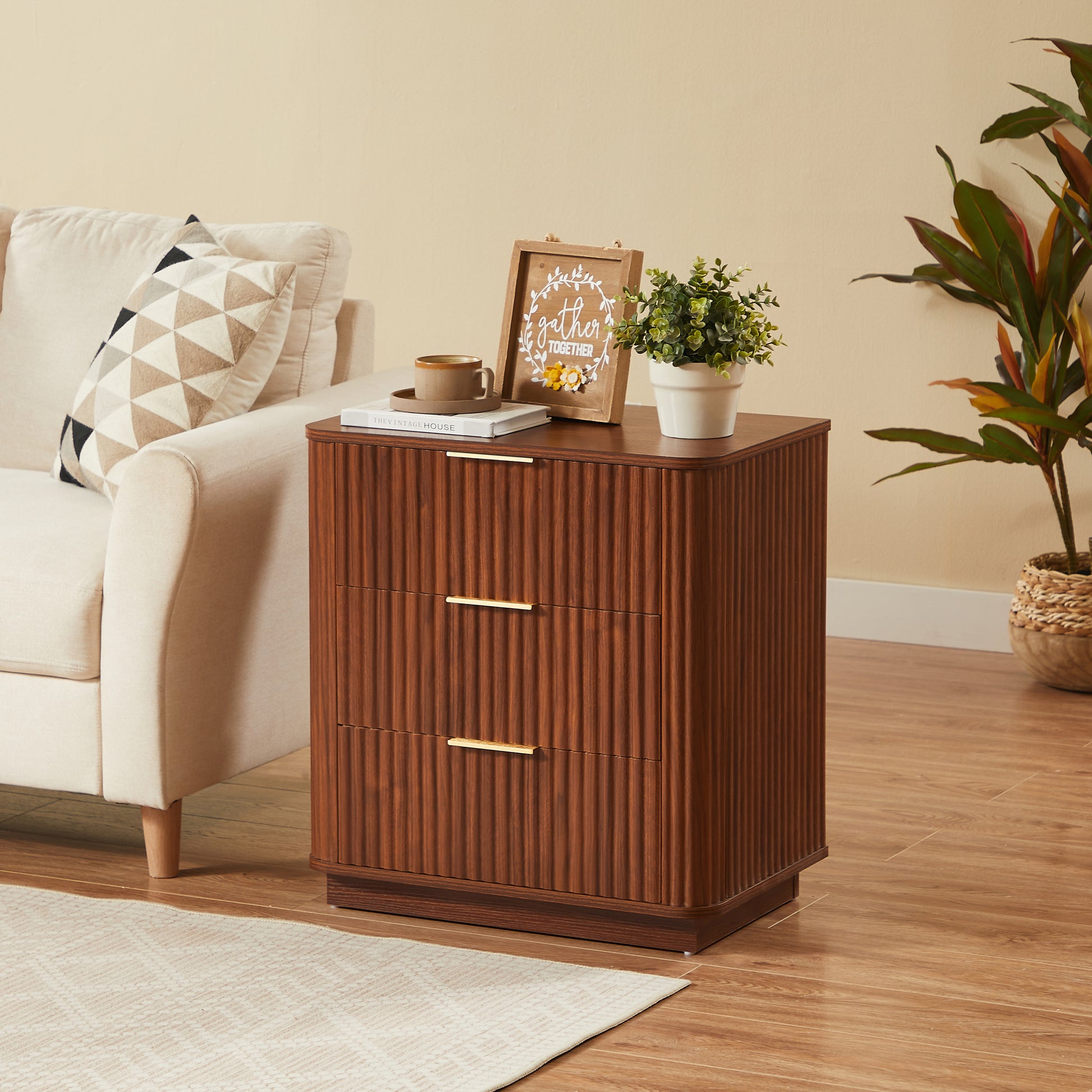 3 Drawers Nightstand Set of 2, 23.6'' Wide Modern Chest of Drawers Curved wave Design, Nightstand, Wood Drawer Organizer for Bedroom, Living Room, Hallway, Walnut,23.6''W x 15''D x 25.2''H. image 2