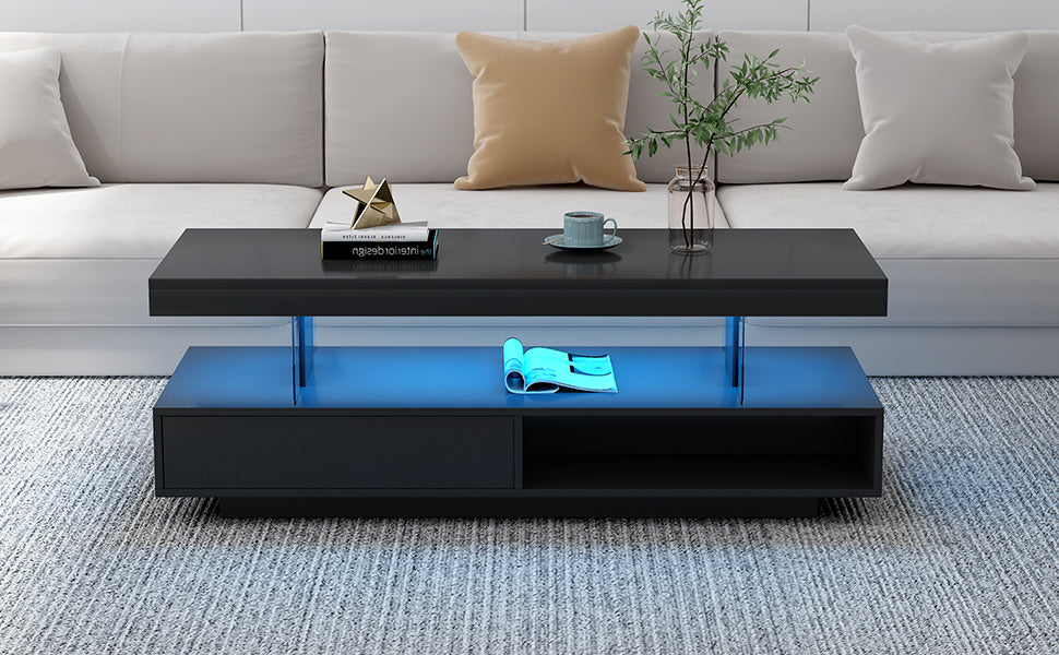 VIBE HAUS LED Coffee Table with Storage, Modern Center Table with 2 Drawers and Display Shelves, Accent Furniture with LED Lights for Living Room,Black image 9
