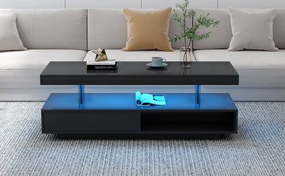 VIBE HAUS LED Coffee Table with Storage, Modern Center Table with 2 Drawers and Display Shelves, Accent Furniture with LED Lights for Living Room,Black image 9