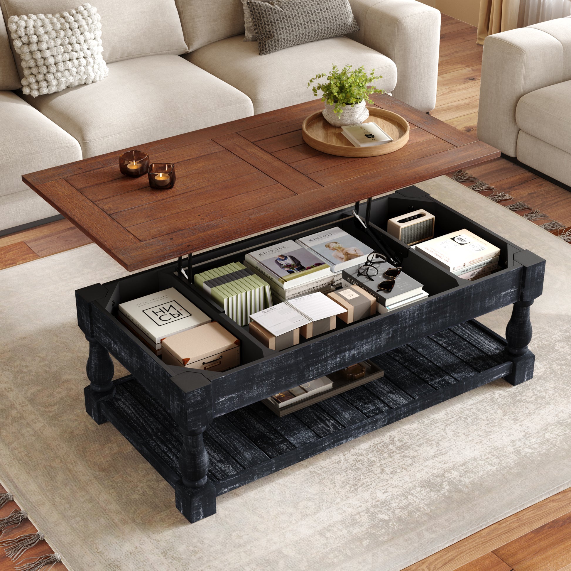 Retro Lift-Top Coffee Table with Storage for Living Room, Hidden Compartment & Lower Shelf, Espresso & Weathered Black Finish image 1
