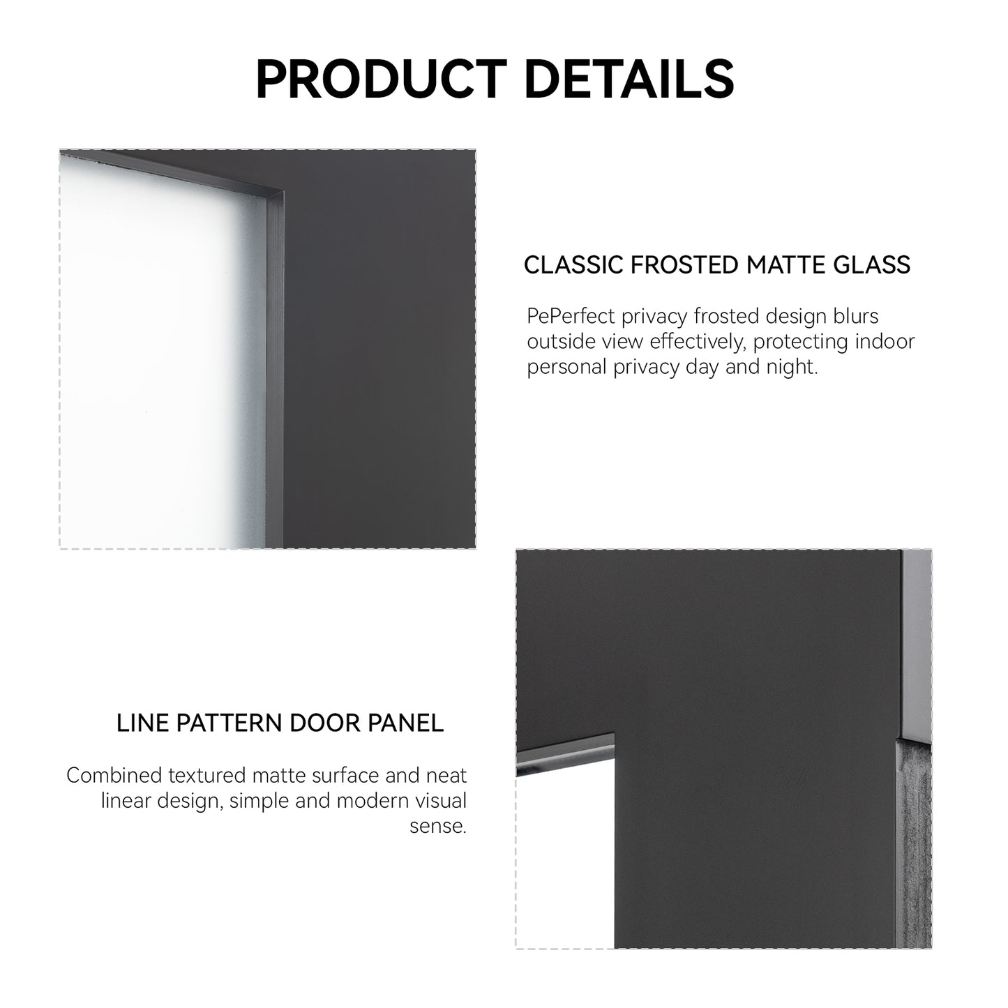 36"x80" Fiberglass Front Door with White 4-9/16" PVC Frame,Right-Hand Inswing Exterior Door with Brickmould,Contemporary minimalist smooth skin with frosted glass for Home Entrance, Black image 7