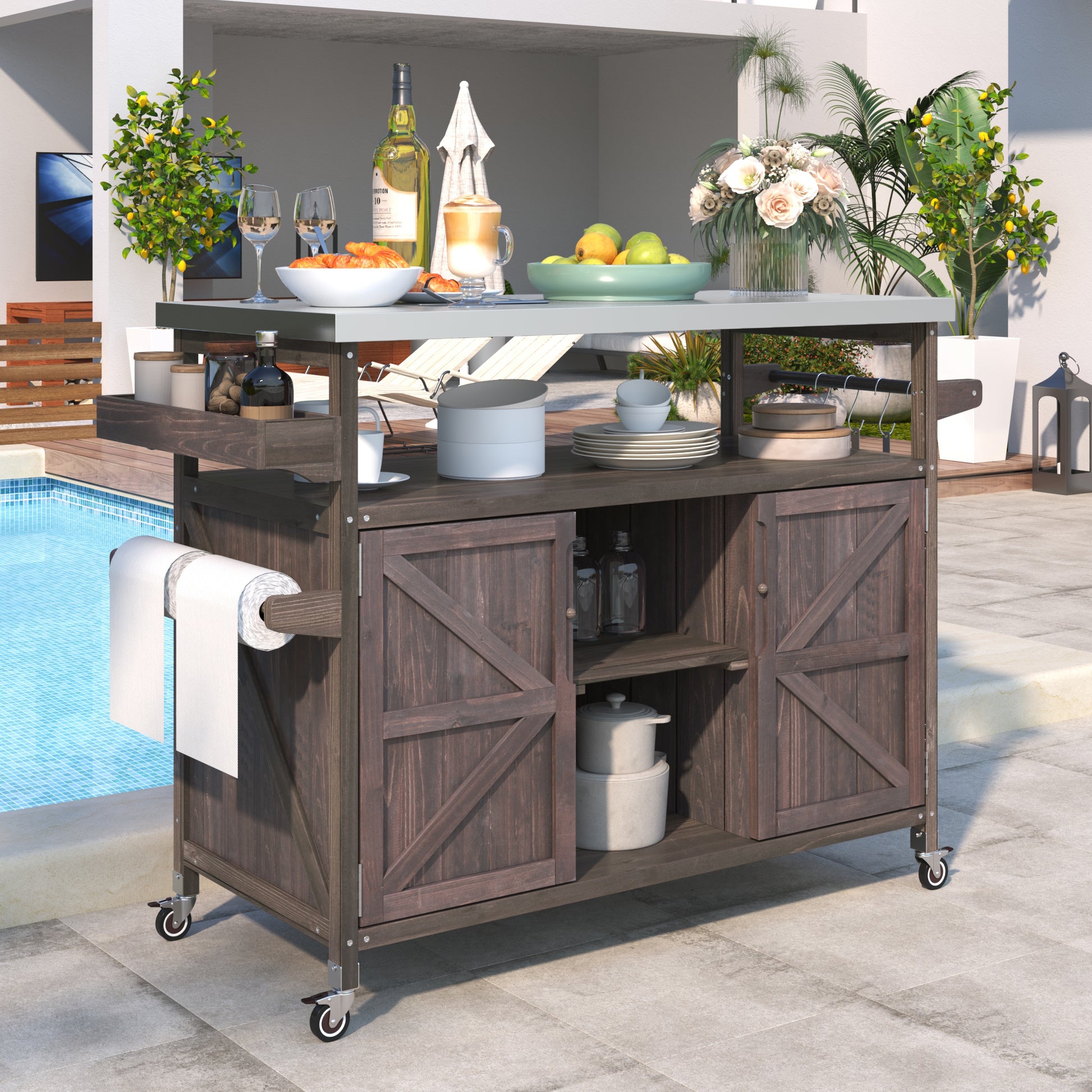 K&K Outdoor Kitchen Island, Rolling Bar Cart & Storage Cabinet, Farmhouse Solid Wood Outdoor Grill Table with Stainless Steel Top, Spice Rack, Towel Rack for Kitchen & Barbecue, Dark Brown image 3