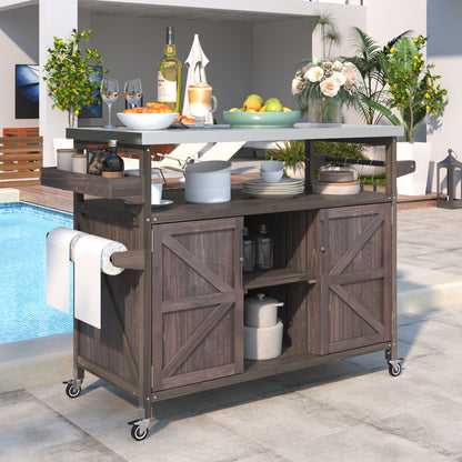 K&K Outdoor Kitchen Island, Rolling Bar Cart & Storage Cabinet, Farmhouse Solid Wood Outdoor Grill Table with Stainless Steel Top, Spice Rack, Towel Rack for Kitchen & Barbecue, Dark Brown image 3