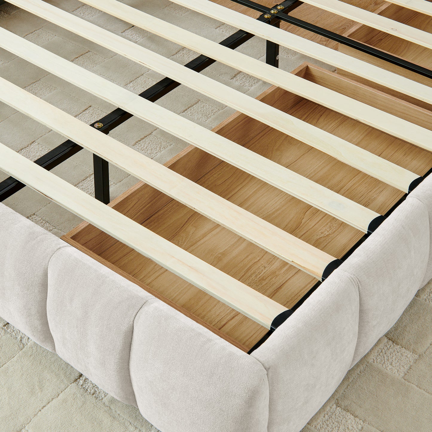 King Size Upholstered Bed,comfortable upholstered bed frame, Chenille fabric, with headboard and solid bed frame. With drawer for storage.-Beige(88.5''*85.5''*31'') image 10