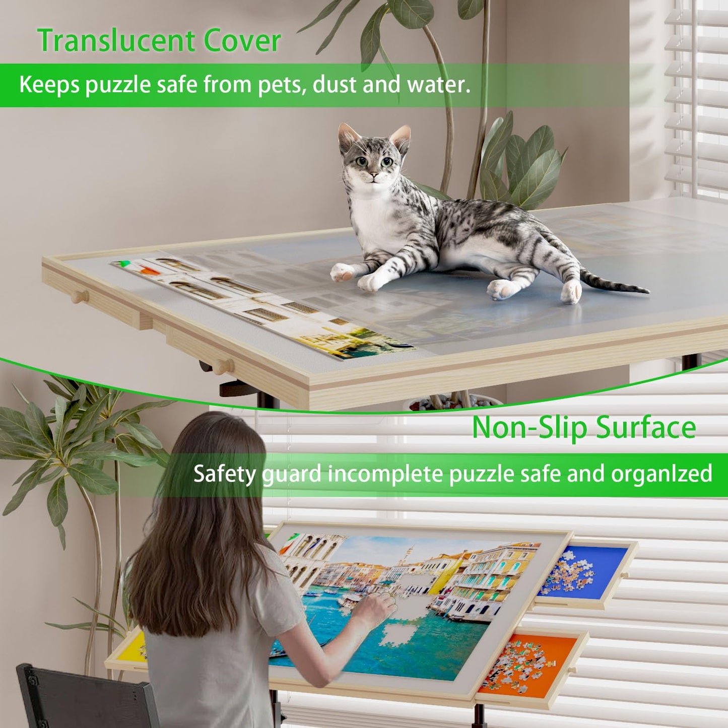 Wooden 1500 Piece Puzzle Table with Drawer, 35"*27.17" Adjustable Puzzle Table, 360° Tilting Puzzle Table with Legs and Wheels, Adjustable Height and Angle, with Protective Cover image 10