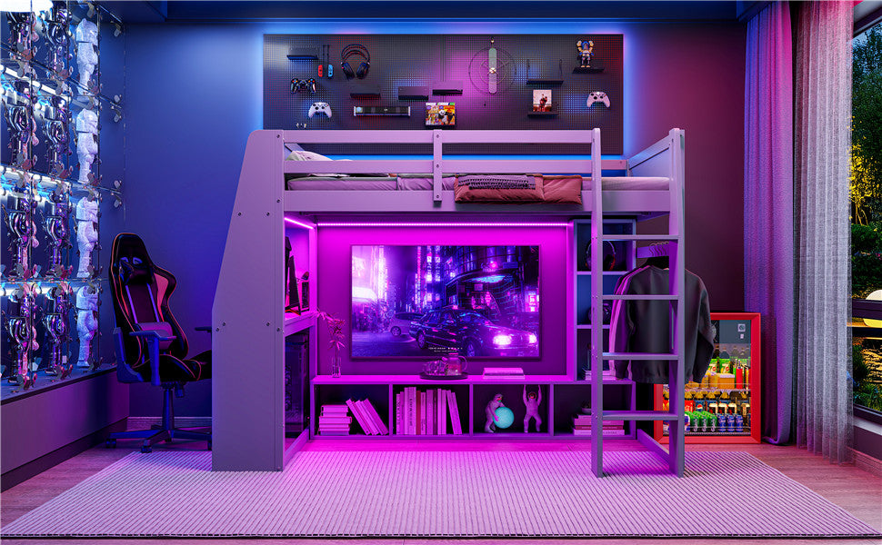 Wood Full Size Gaming Loft Bed with Desk, Multi-storage Shelves, LED and a Hanging Clothes Rack, Gray(Old SKU:N7090001042E) image 5