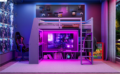 Wood Full Size Gaming Loft Bed with Desk, Multi-storage Shelves, LED and a Hanging Clothes Rack, Gray(Old SKU:N7090001042E) image 5