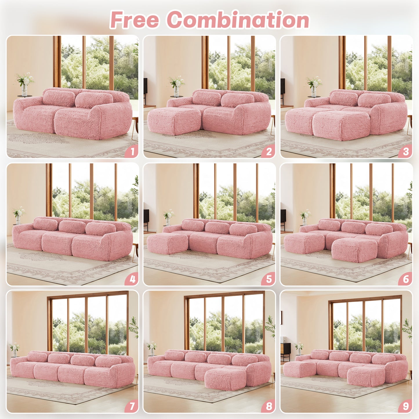 L-shaped Boneless Sofa,Soft Fluffy Plush Fabric,With Chaise 32D High Density Sponge,No Assembly Required,Ergonomic Design Bottom Anti-Slip Design,With Throw Pillows,Fits Bedrooms,Pink image 12