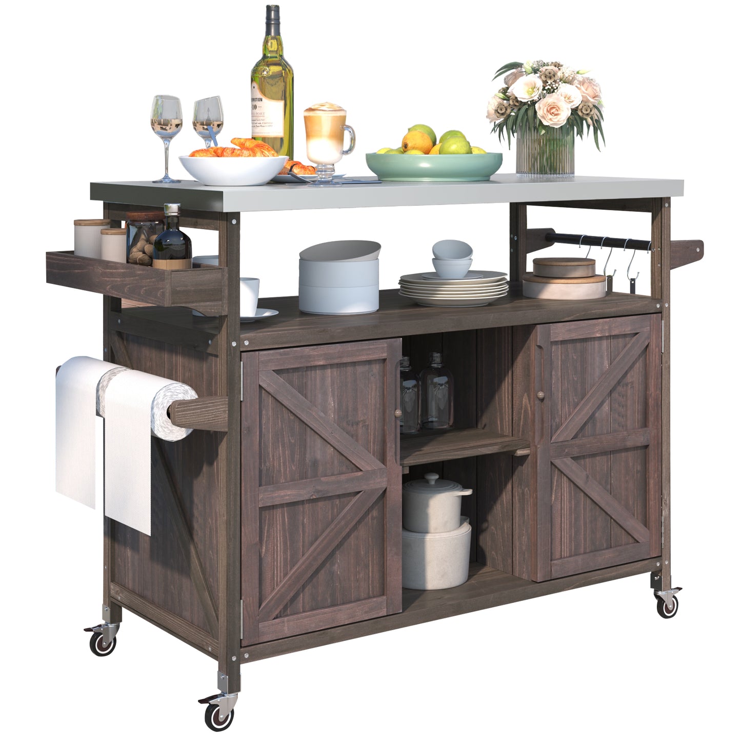 K&K Outdoor Kitchen Island, Rolling Bar Cart & Storage Cabinet, Farmhouse Solid Wood Outdoor Grill Table with Stainless Steel Top, Spice Rack, Towel Rack for Kitchen & Barbecue, Dark Brown image 10