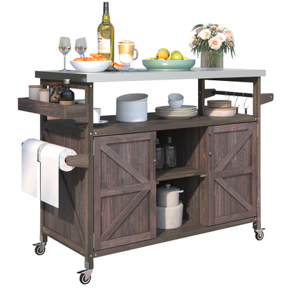 K&K Outdoor Kitchen Island, Rolling Bar Cart & Storage Cabinet, Farmhouse Solid Wood Outdoor Grill Table with Stainless Steel Top, Spice Rack, Towel Rack for Kitchen & Barbecue, Dark Brown image 10