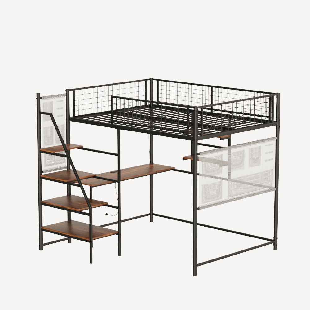 Full size loft metal bed with black for bedroom and dormitory, with built-in charging station and LED lighting image 11